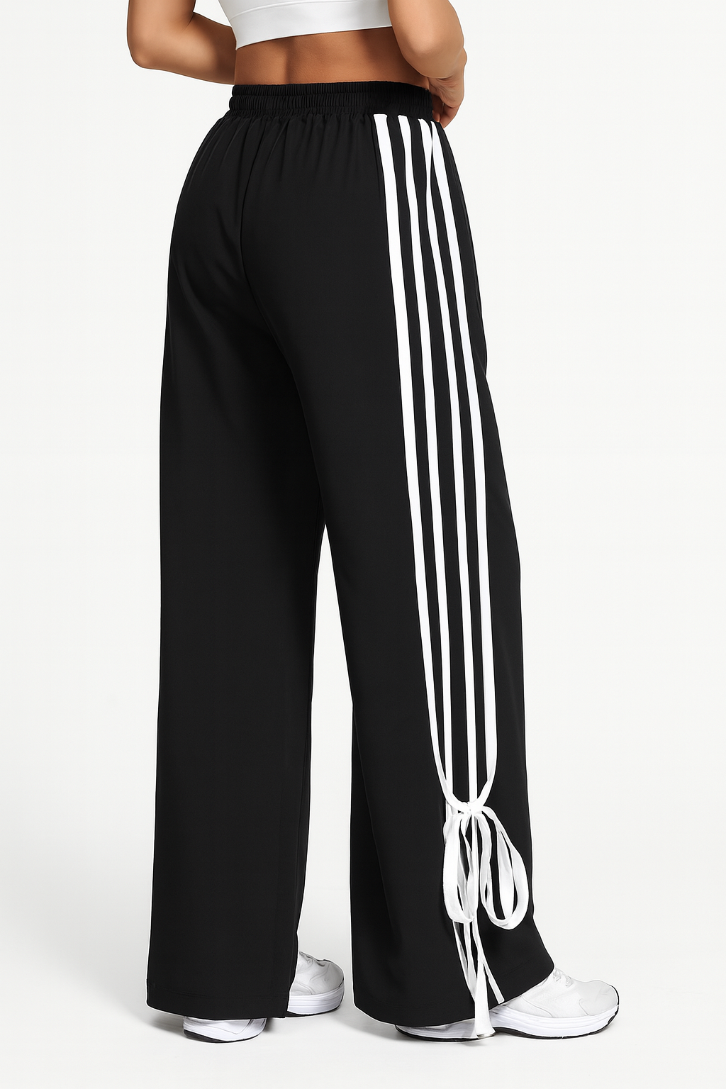 Wide Leg Parachute Pants, High Rise, Drawstring Elastic Waist, Black with White Stripes