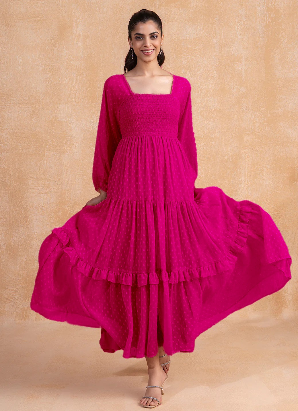 Stylish Georgette Tiered Maxi Dress for Women – Square Neck, Polka Dots, Full Sleeves