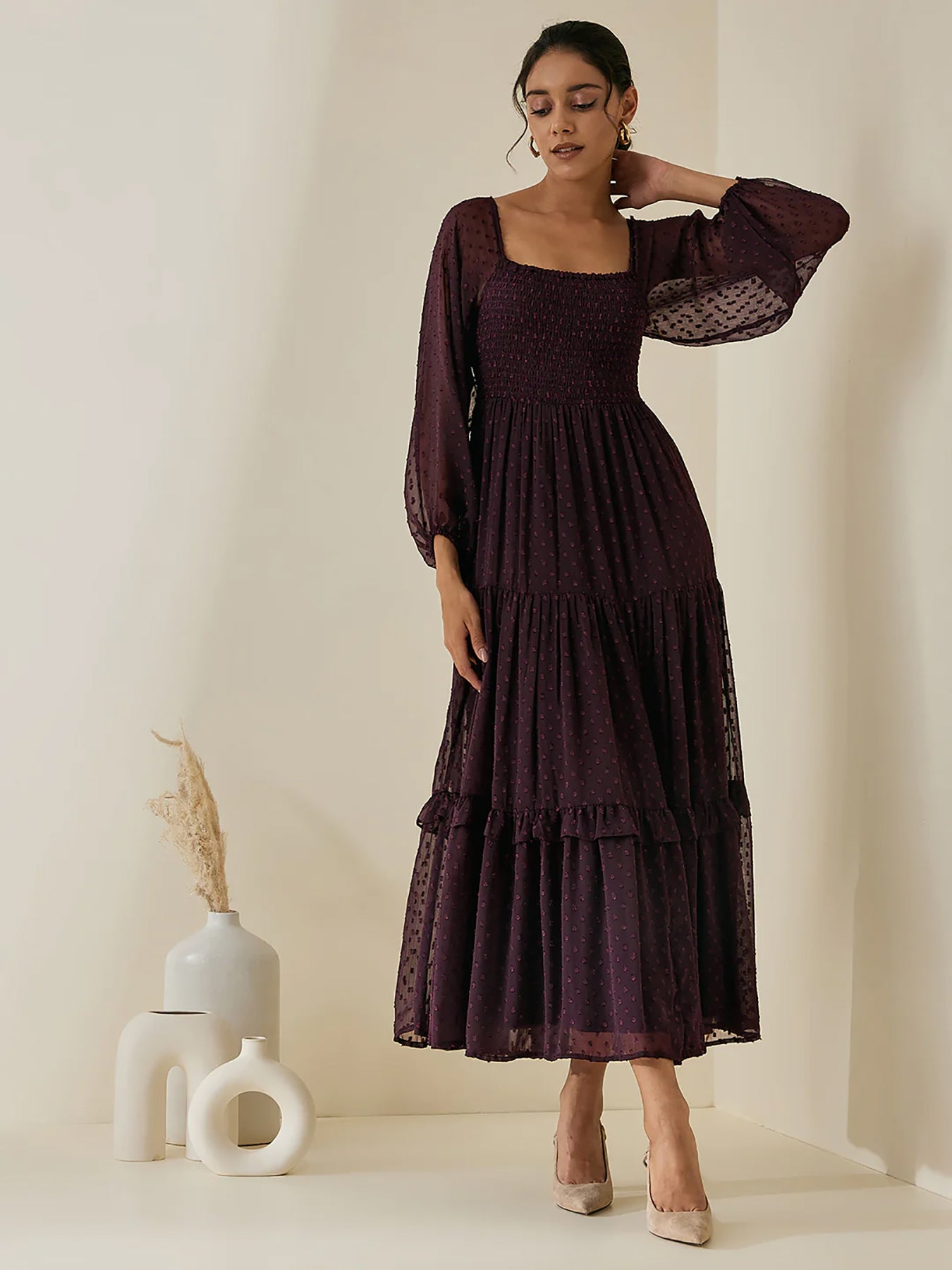 Stylish Georgette Tiered Maxi Dress for Women – Square Neck, Polka Dots, Full Sleeves