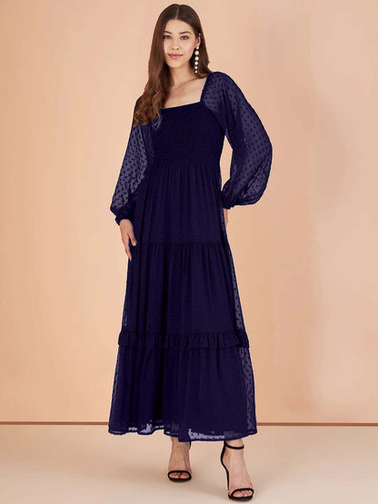 Stylish Georgette Tiered Maxi Dress for Women – Square Neck, Polka Dots, Full Sleeves