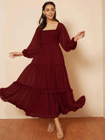 Stylish Georgette Tiered Maxi Dress for Women – Square Neck, Polka Dots, Full Sleeves