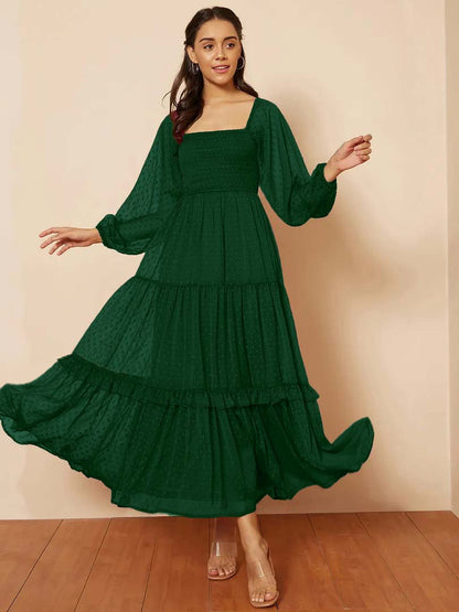 Stylish Georgette Tiered Maxi Dress for Women – Square Neck, Polka Dots, Full Sleeves