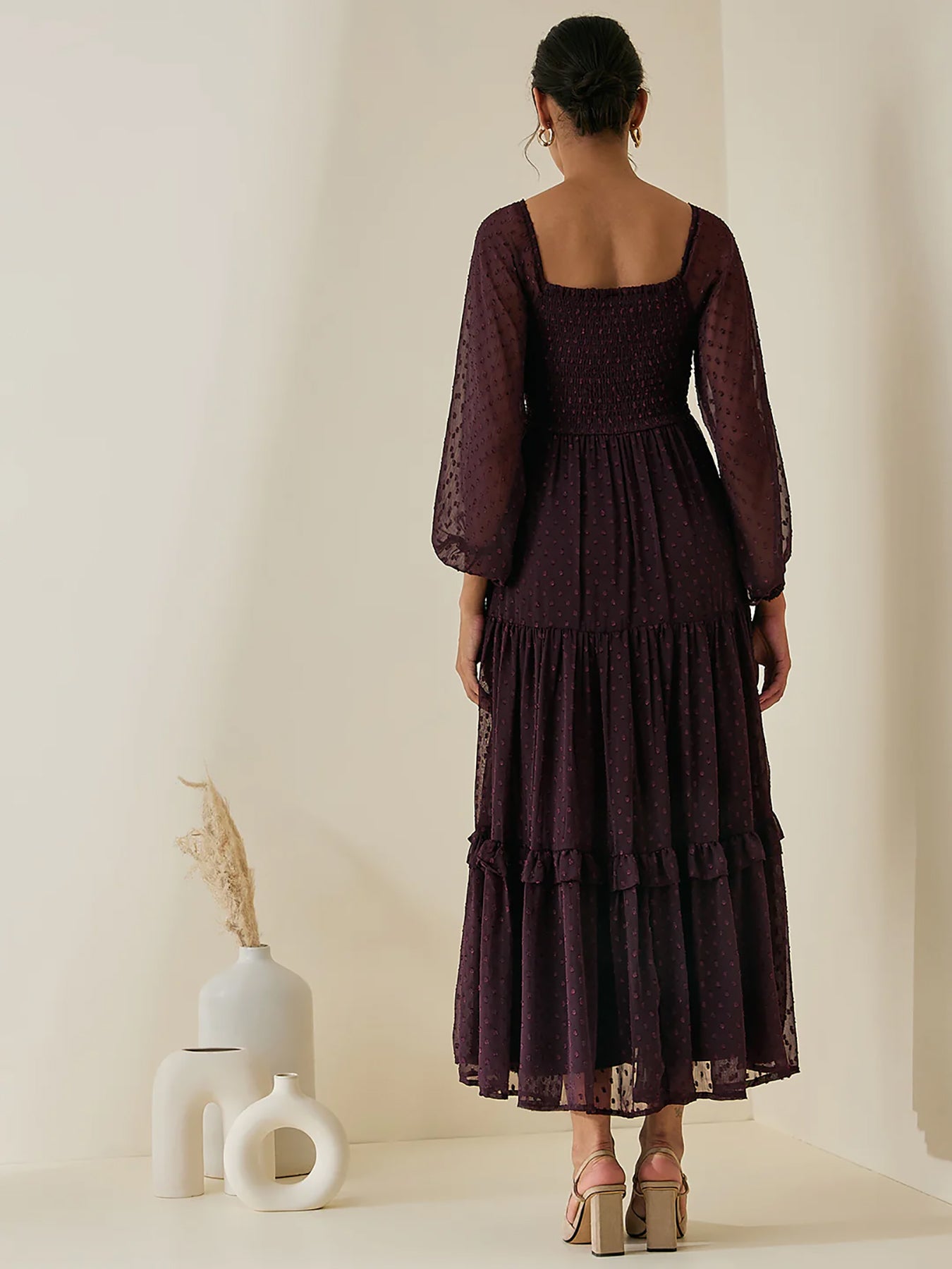 Stylish Georgette Tiered Maxi Dress for Women – Square Neck, Polka Dots, Full Sleeves