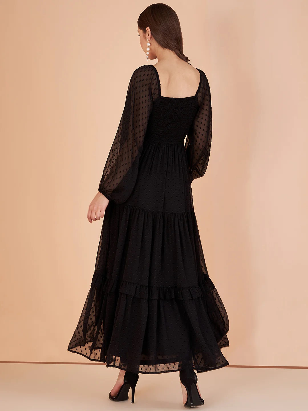 Stylish Georgette Tiered Maxi Dress for Women – Square Neck, Polka Dots, Full Sleeves