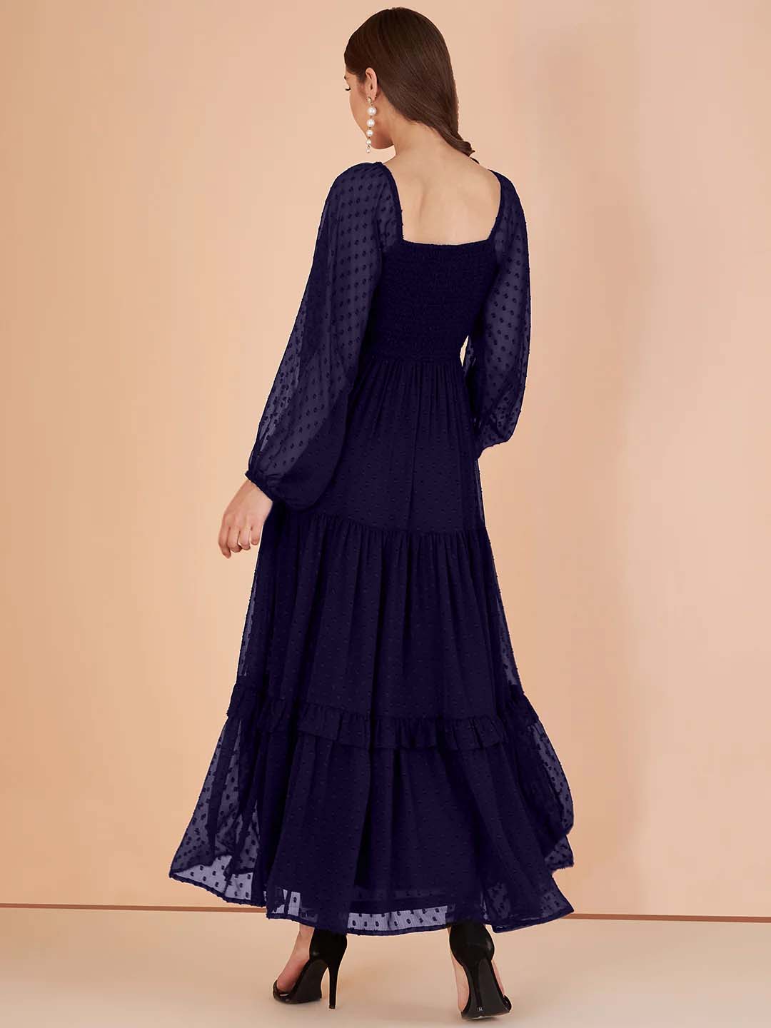 Stylish Georgette Tiered Maxi Dress for Women – Square Neck, Polka Dots, Full Sleeves