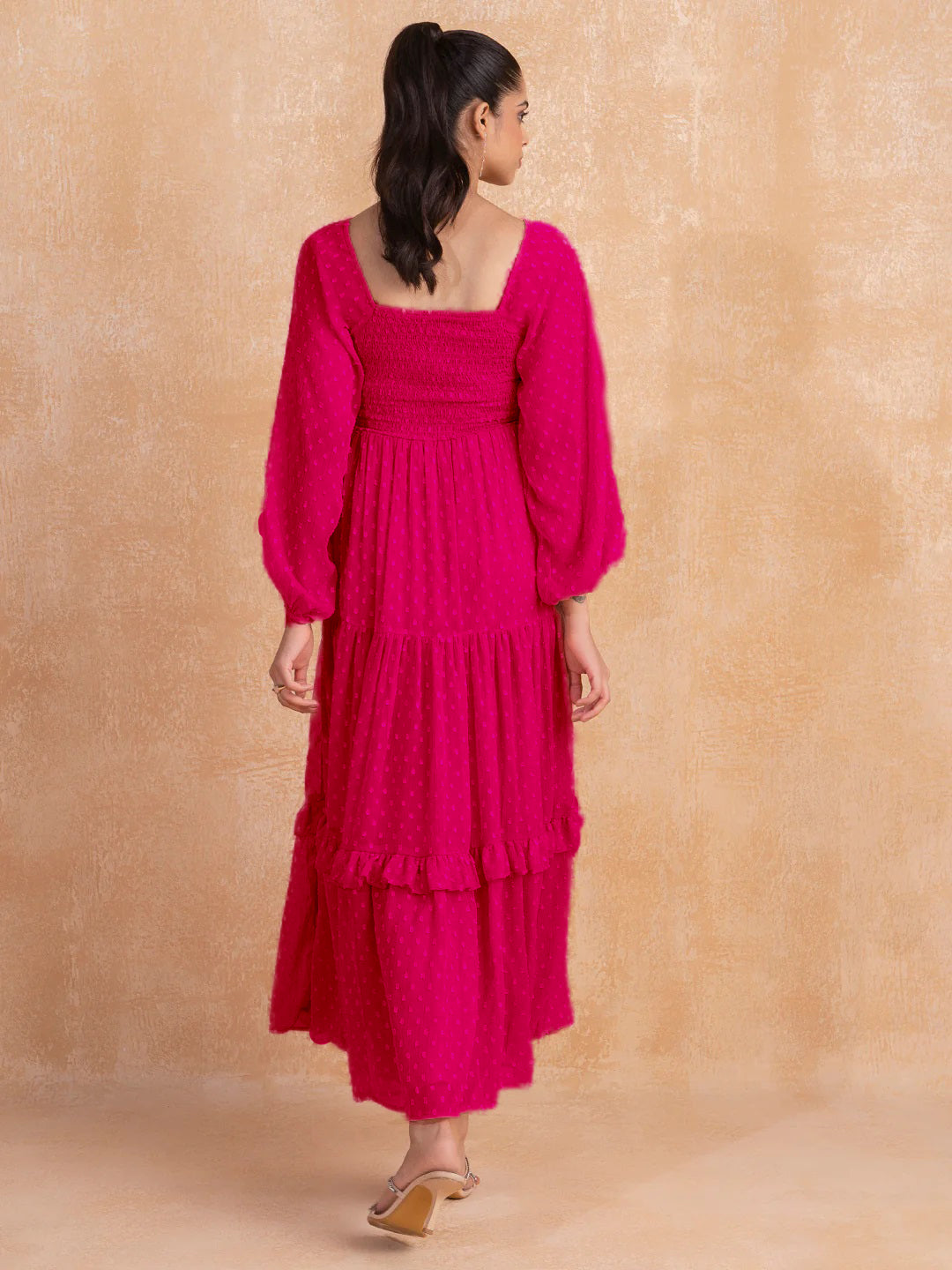 Stylish Georgette Tiered Maxi Dress for Women – Square Neck, Polka Dots, Full Sleeves