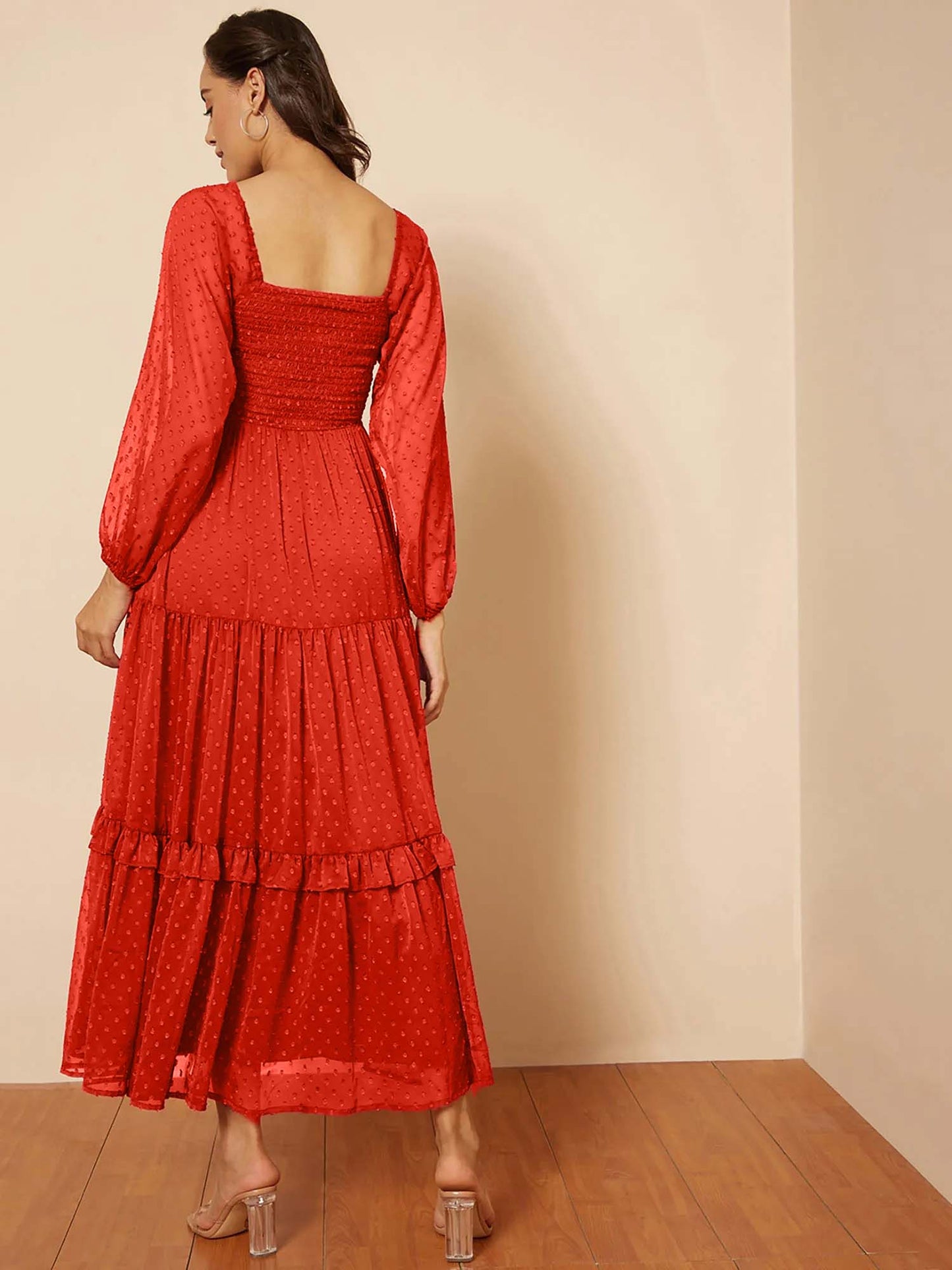 Stylish Georgette Tiered Maxi Dress for Women – Square Neck, Polka Dots, Full Sleeves