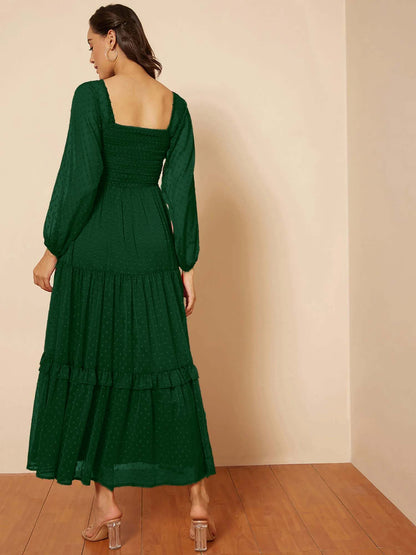 Stylish Georgette Tiered Maxi Dress for Women – Square Neck, Polka Dots, Full Sleeves