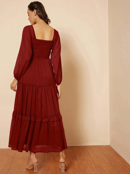 Stylish Georgette Tiered Maxi Dress for Women – Square Neck, Polka Dots, Full Sleeves