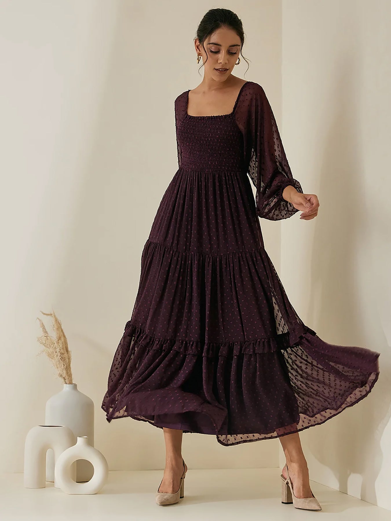 Stylish Georgette Tiered Maxi Dress for Women – Square Neck, Polka Dots, Full Sleeves