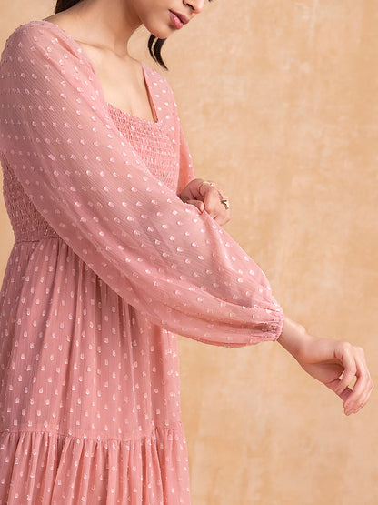 Stylish Georgette Tiered Maxi Dress for Women – Square Neck, Polka Dots, Full Sleeves