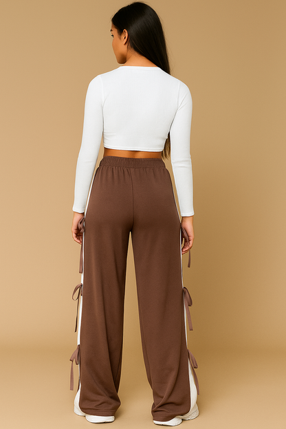 Contrast Trouser Panel and Bow-tie White Wide-Leg Sweatpants, Sizes 26 to 32