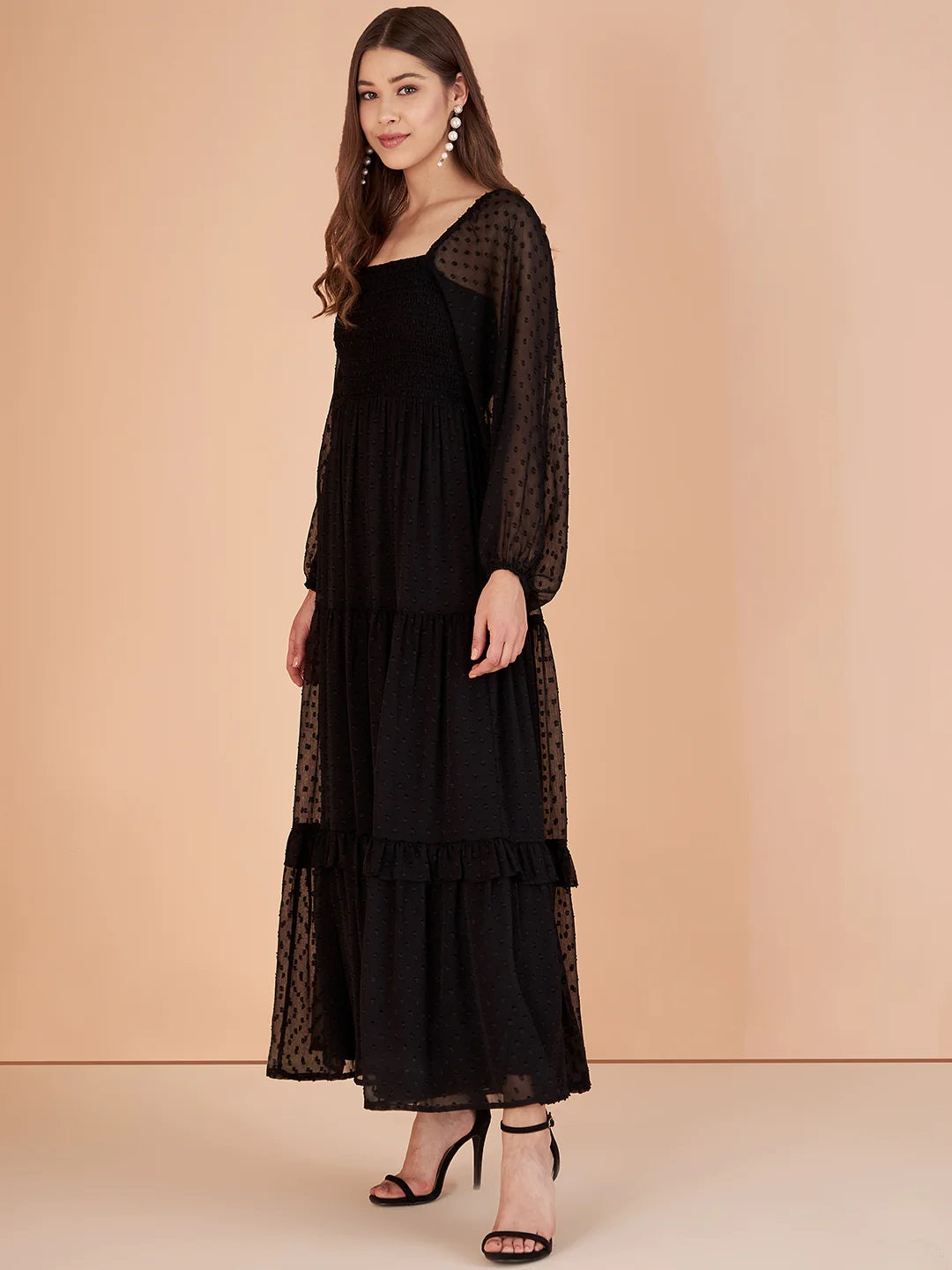 Stylish Georgette Tiered Maxi Dress for Women – Square Neck, Polka Dots, Full Sleeves