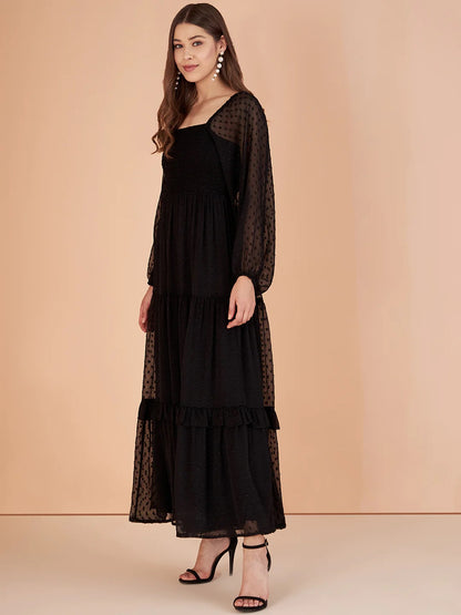 Stylish Georgette Tiered Maxi Dress for Women – Square Neck, Polka Dots, Full Sleeves