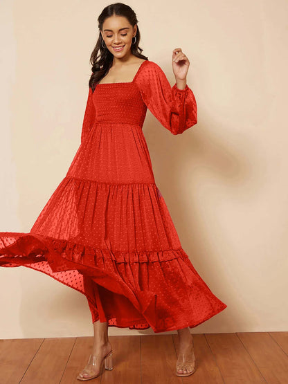 Stylish Georgette Tiered Maxi Dress for Women – Square Neck, Polka Dots, Full Sleeves