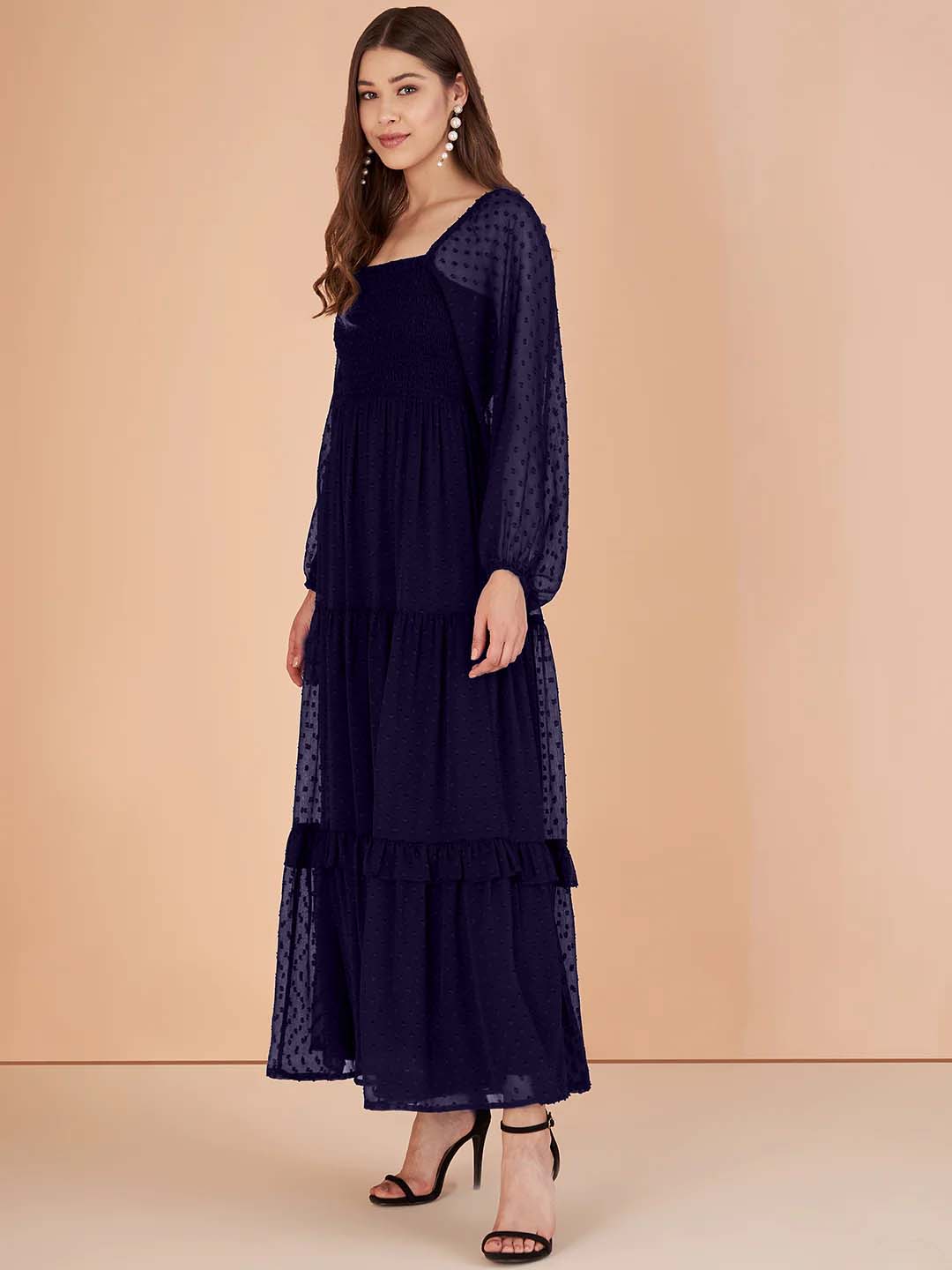 Stylish Georgette Tiered Maxi Dress for Women – Square Neck, Polka Dots, Full Sleeves