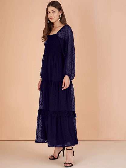 Stylish Georgette Tiered Maxi Dress for Women – Square Neck, Polka Dots, Full Sleeves