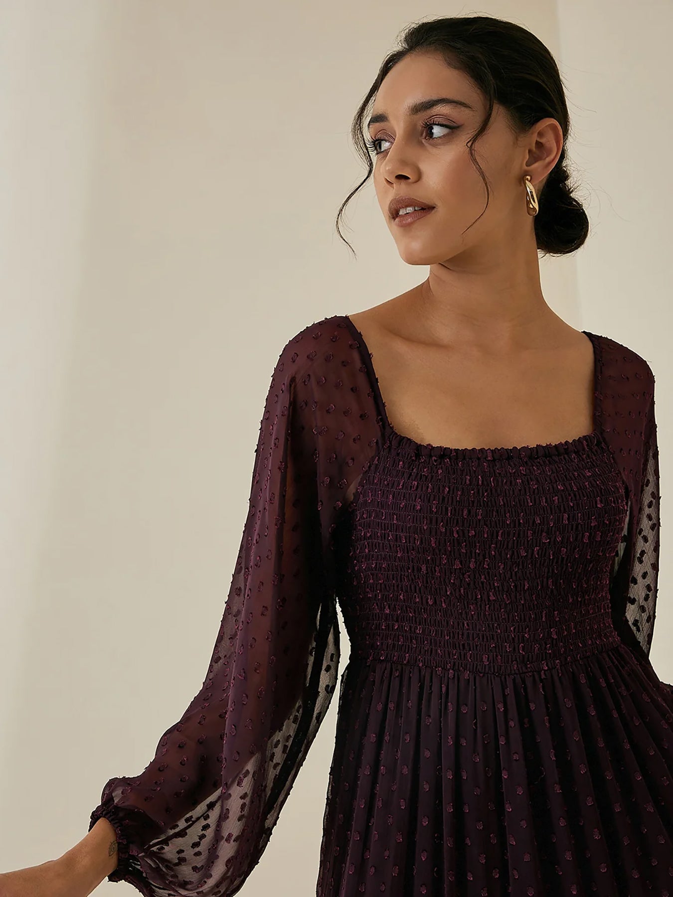 Stylish Georgette Tiered Maxi Dress for Women – Square Neck, Polka Dots, Full Sleeves