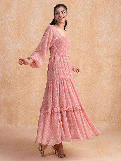 Stylish Georgette Tiered Maxi Dress for Women – Square Neck, Polka Dots, Full Sleeves