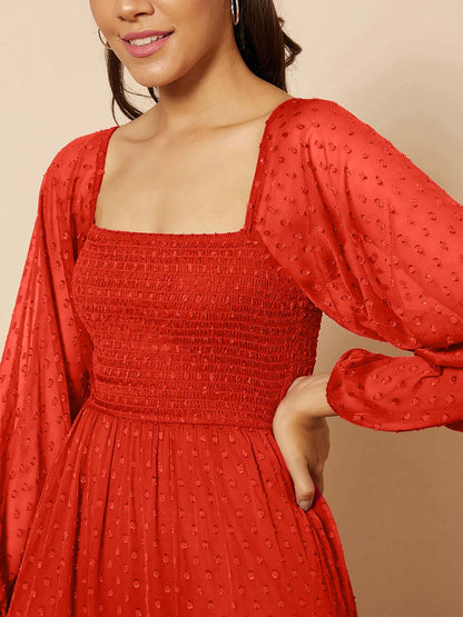 Stylish Georgette Tiered Maxi Dress for Women – Square Neck, Polka Dots, Full Sleeves