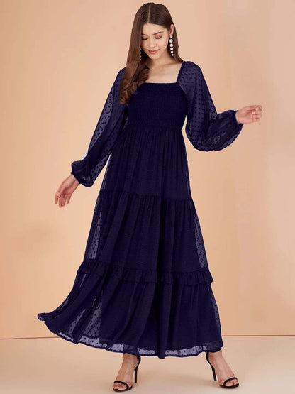 Stylish Georgette Tiered Maxi Dress for Women – Square Neck, Polka Dots, Full Sleeves