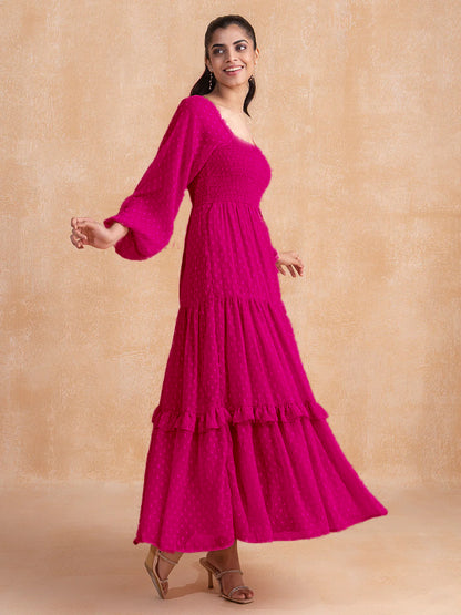 Stylish Georgette Tiered Maxi Dress for Women – Square Neck, Polka Dots, Full Sleeves