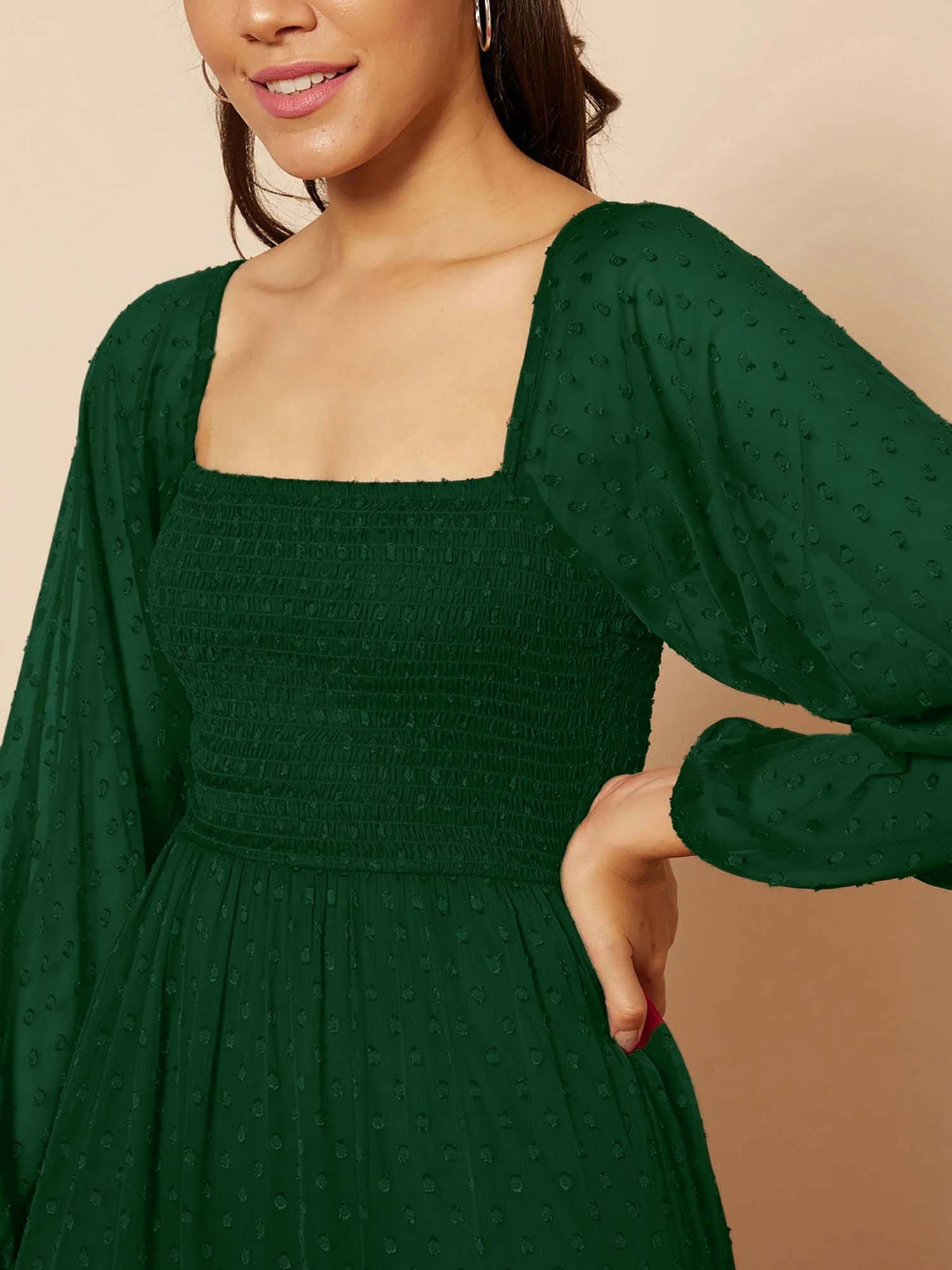 Stylish Georgette Tiered Maxi Dress for Women – Square Neck, Polka Dots, Full Sleeves