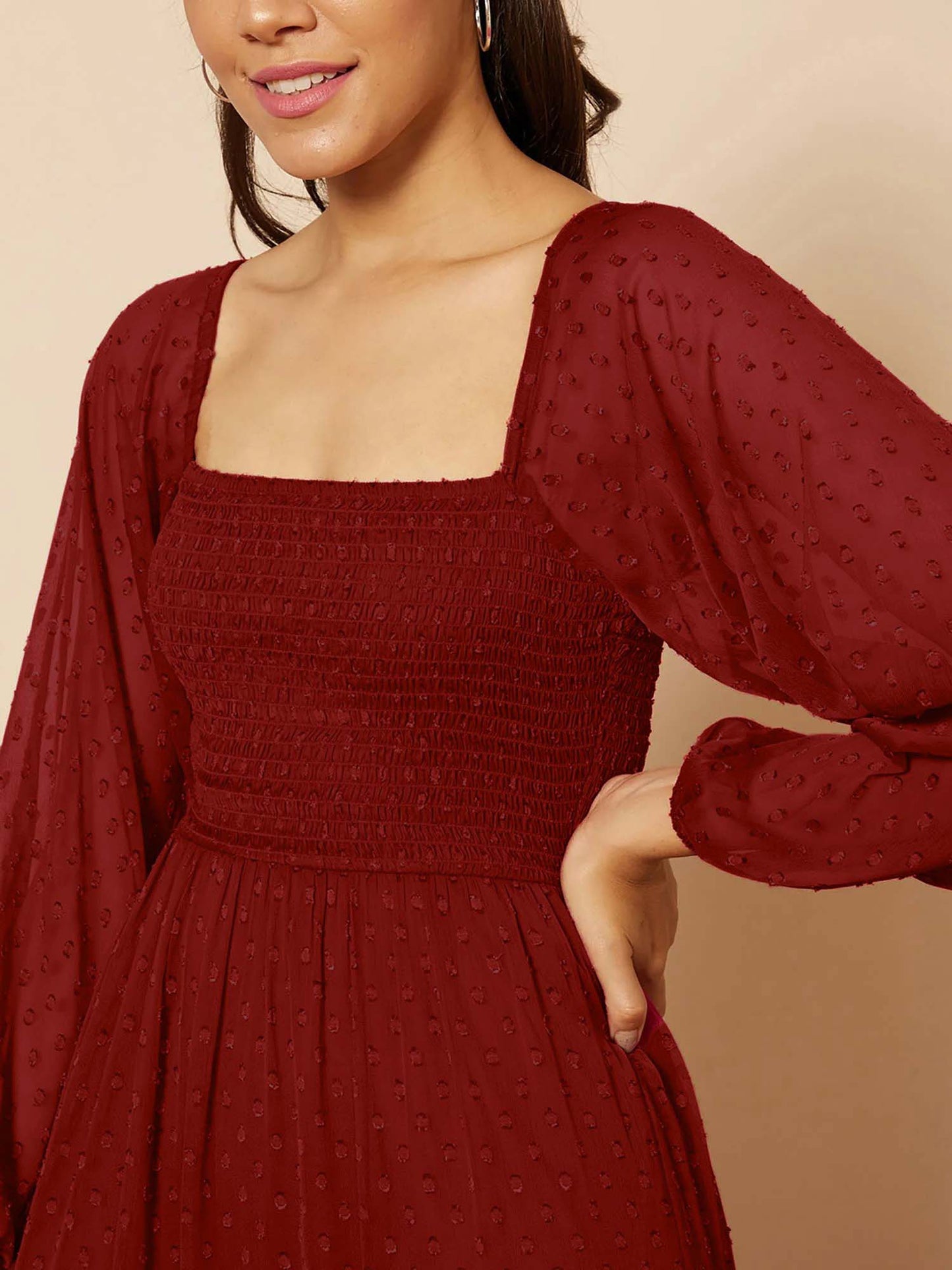 Stylish Georgette Tiered Maxi Dress for Women – Square Neck, Polka Dots, Full Sleeves