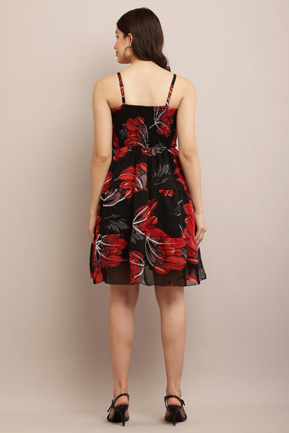 Women’s Black & Red Floral Print Smocked A-Line Mini Dress with Spaghetti Straps