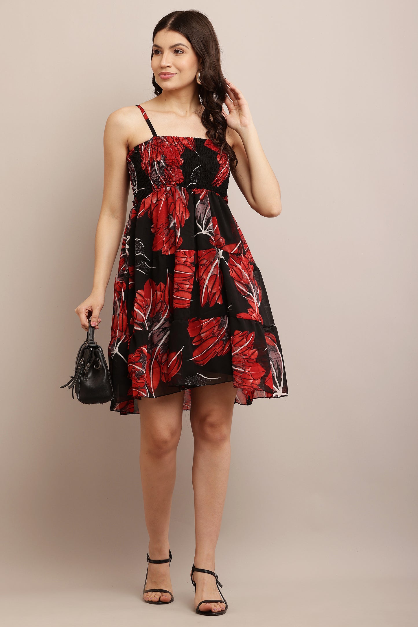 Women’s Black & Red Floral Print Smocked A-Line Mini Dress with Spaghetti Straps