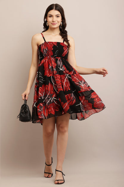 Women’s Black & Red Floral Print Smocked A-Line Mini Dress with Spaghetti Straps