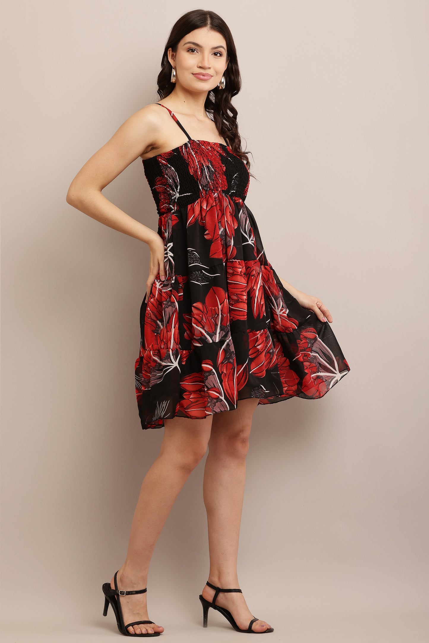Women’s Black & Red Floral Print Smocked A-Line Mini Dress with Spaghetti Straps