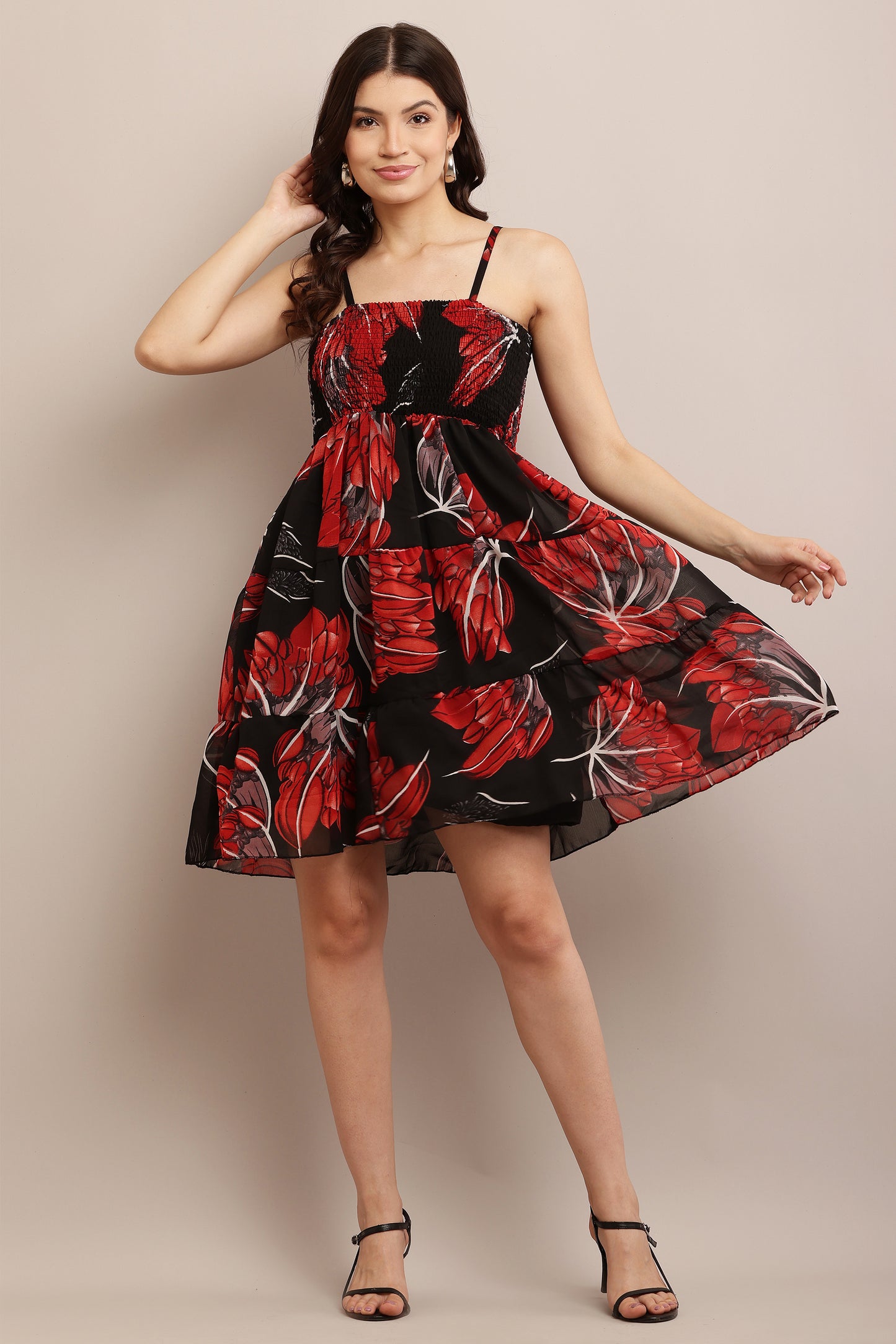 Women’s Black & Red Floral Print Smocked A-Line Mini Dress with Spaghetti Straps