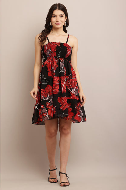 Women’s Black & Red Floral Print Smocked A-Line Mini Dress with Spaghetti Straps