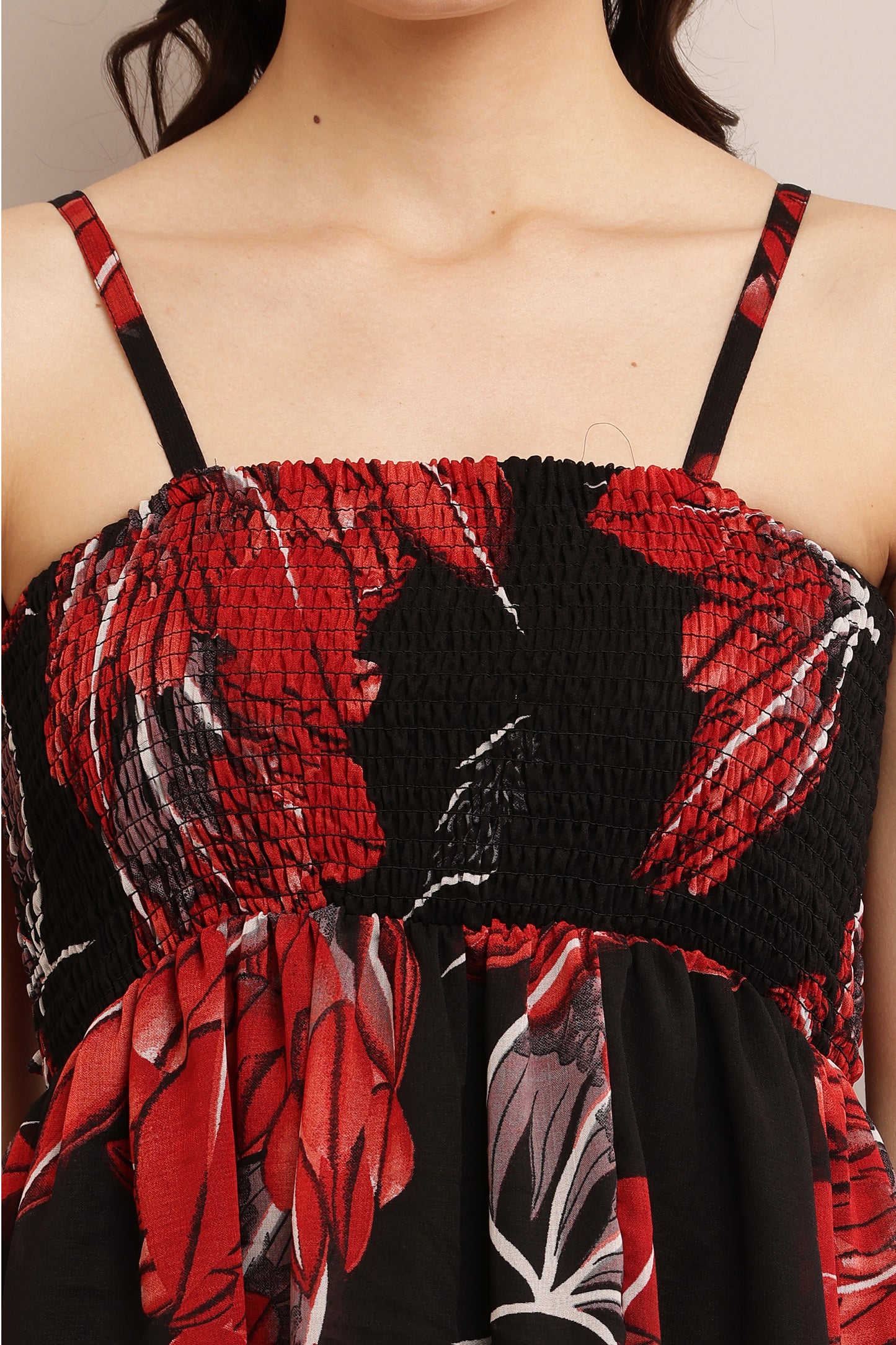Women’s Black & Red Floral Print Smocked A-Line Mini Dress with Spaghetti Straps