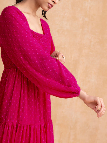 Stylish Georgette Tiered Maxi Dress for Women – Square Neck, Polka Dots, Full Sleeves