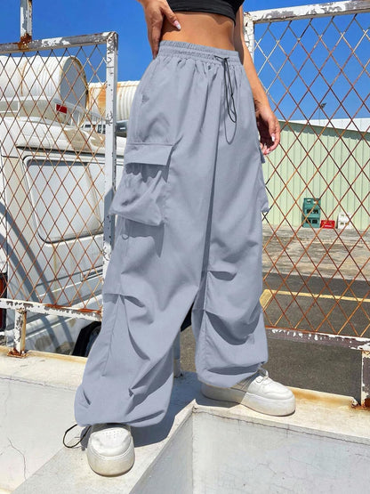 High Waist Cargo Pants, Wide Leg Style, Drawstring Elastic Waist, Black