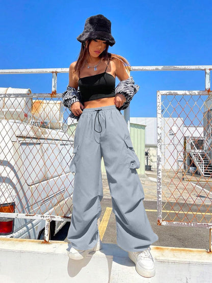 High Waist Cargo Pants, Wide Leg Style, Drawstring Elastic Waist, Black