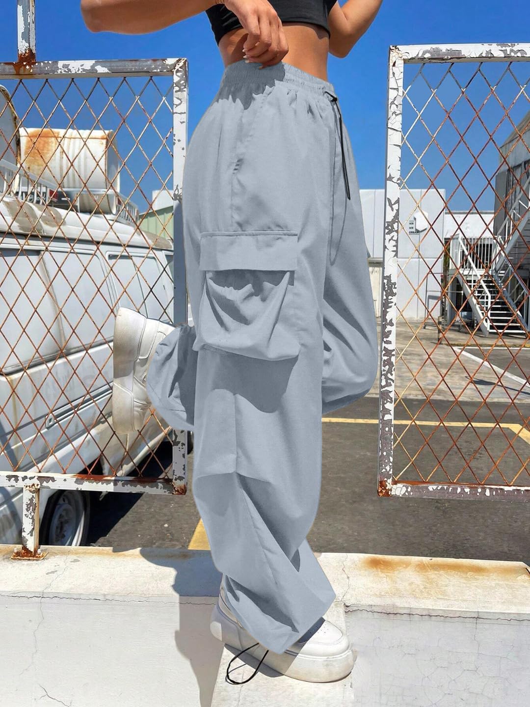 High Waist Cargo Pants, Wide Leg Style, Drawstring Elastic Waist, Black