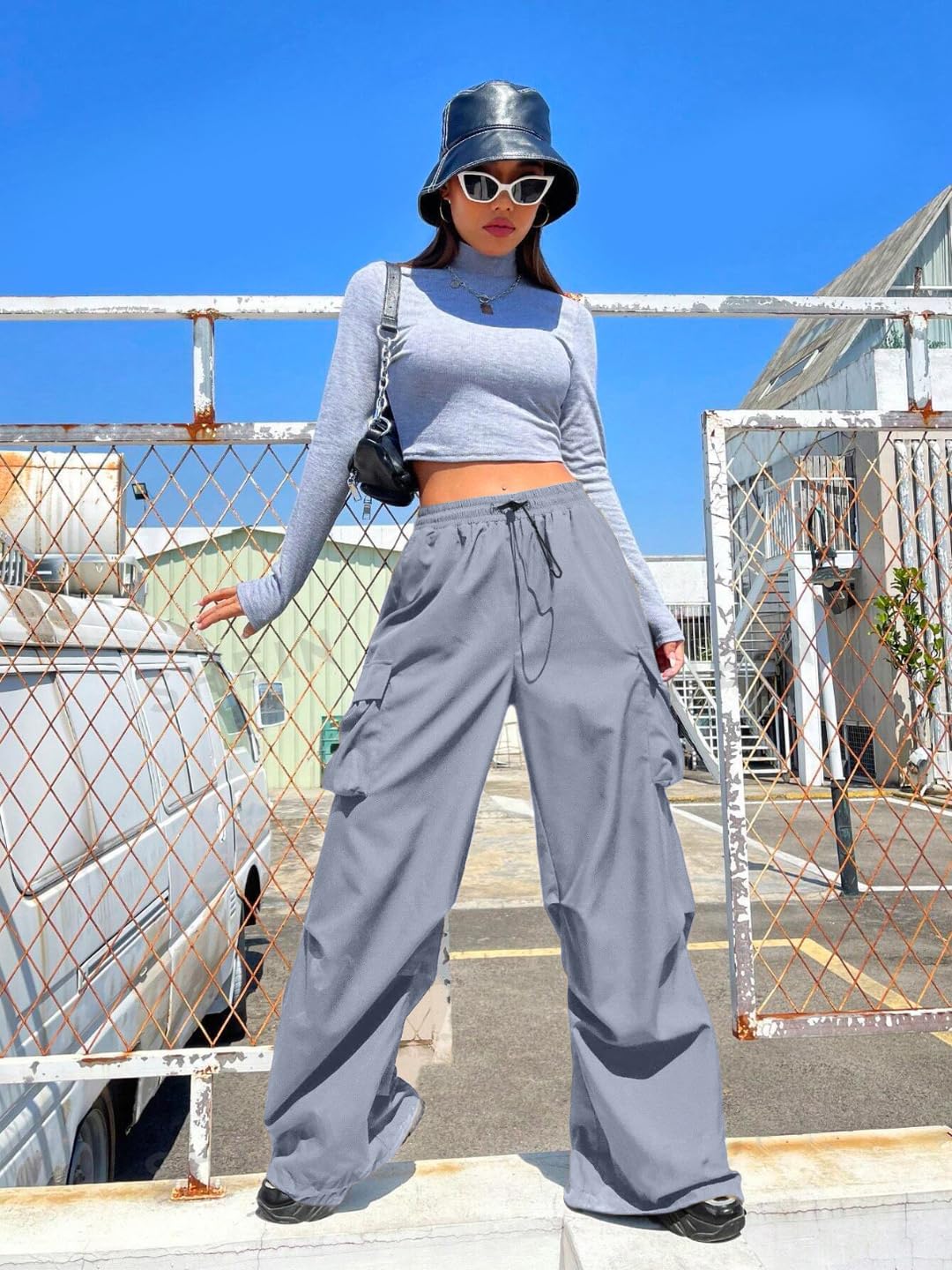 High Waist Cargo Pants, Wide Leg Style, Drawstring Elastic Waist, Black