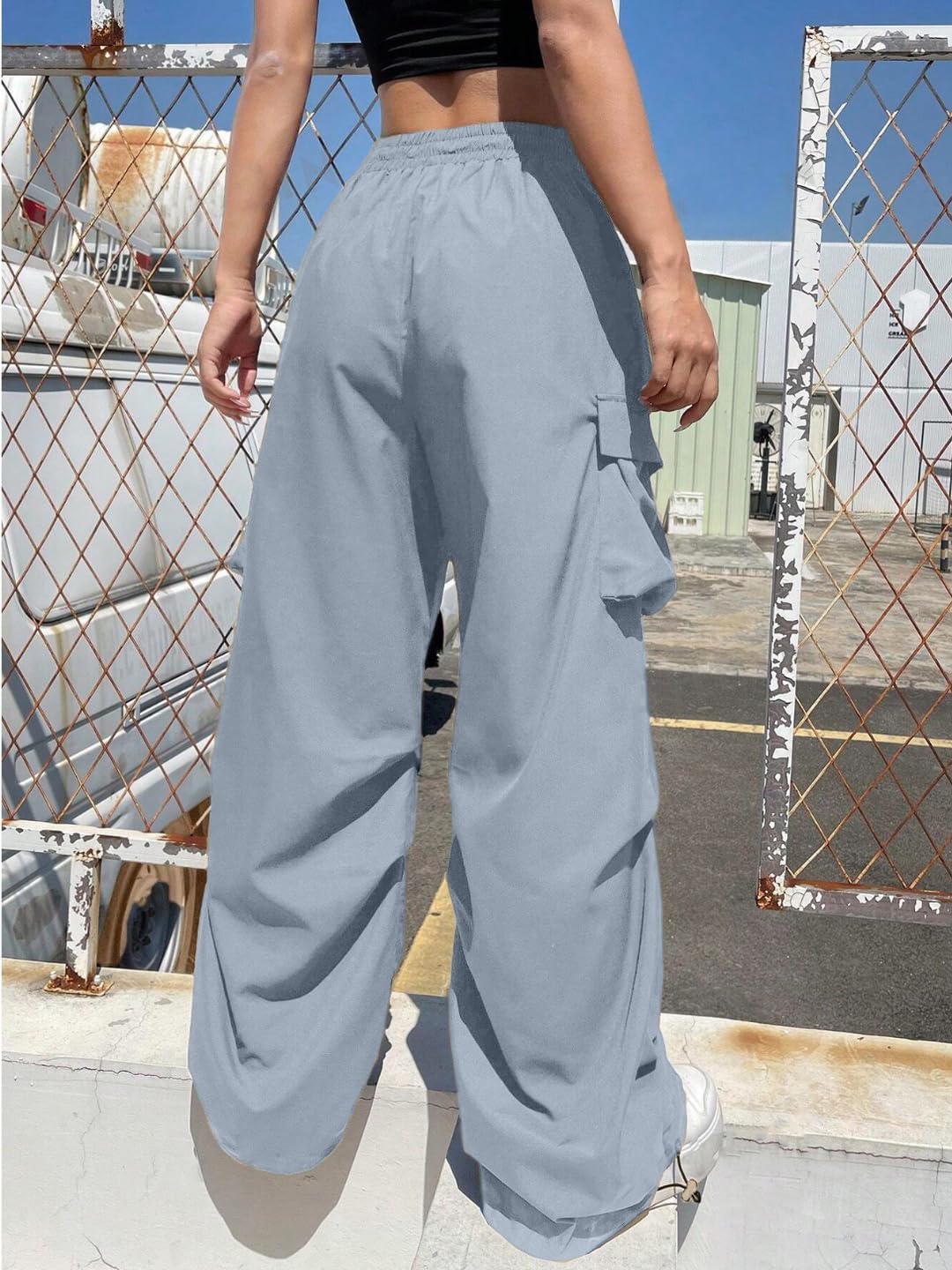 High Waist Cargo Pants, Wide Leg Style, Drawstring Elastic Waist, Black