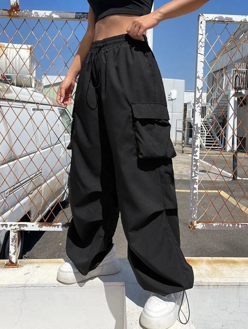 High Waist Cargo Pants, Wide Leg Style, Drawstring Elastic Waist, Black