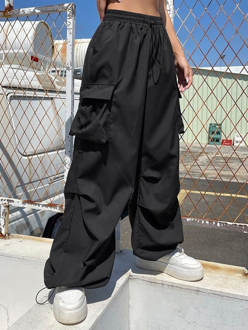 High Waist Cargo Pants, Wide Leg Style, Drawstring Elastic Waist, Black