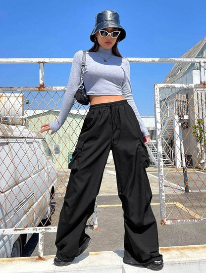 High Waist Cargo Pants, Wide Leg Style, Drawstring Elastic Waist, Black