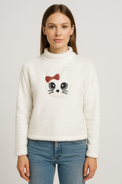 Women’s White Plush Fleece Sweater with Cute Cat Face Embroidery & Red Bow