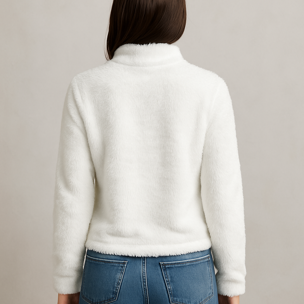 Women’s White Plush Fleece Sweater with Cute Cat Face Embroidery & Red Bow