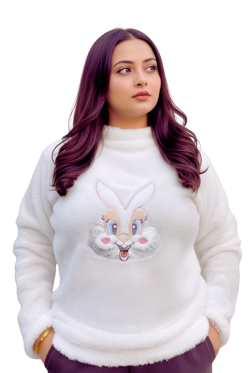 Women’s White Plush Fleece Sweater with Cute Cat Face Embroidery & Red Bow