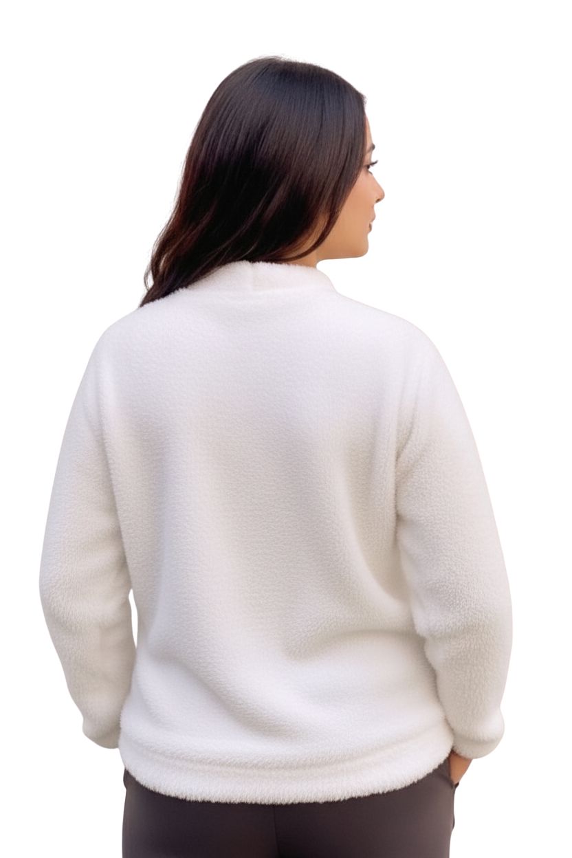 Women’s White Plush Fleece Sweater with Cute Cat Face Embroidery & Red Bow