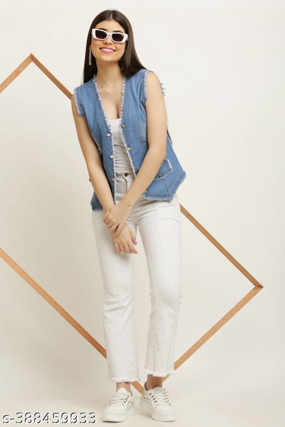 Sleeveless Denim Vest for Women, Frayed Edge Design