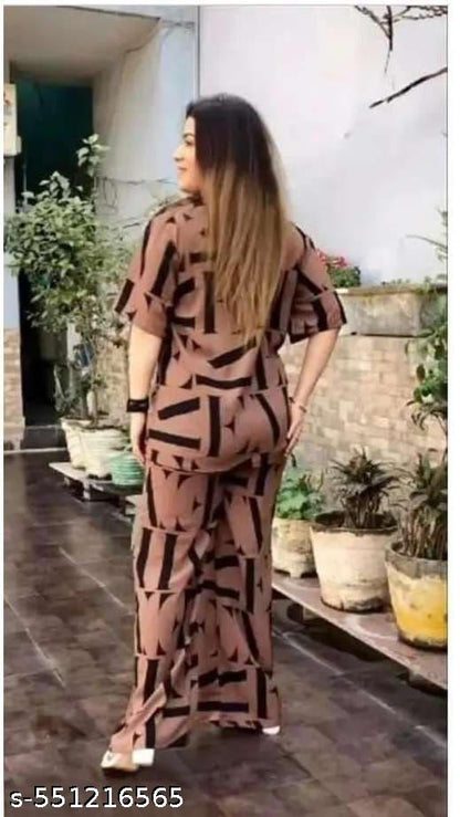 Women's Brown Geometric Print Co-ord Set (Shirt & Wide-Leg